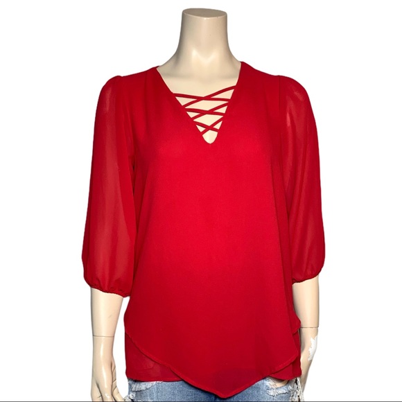 Faith and Joy Red V Neck Blouse Size Small - Picture 1 of 13